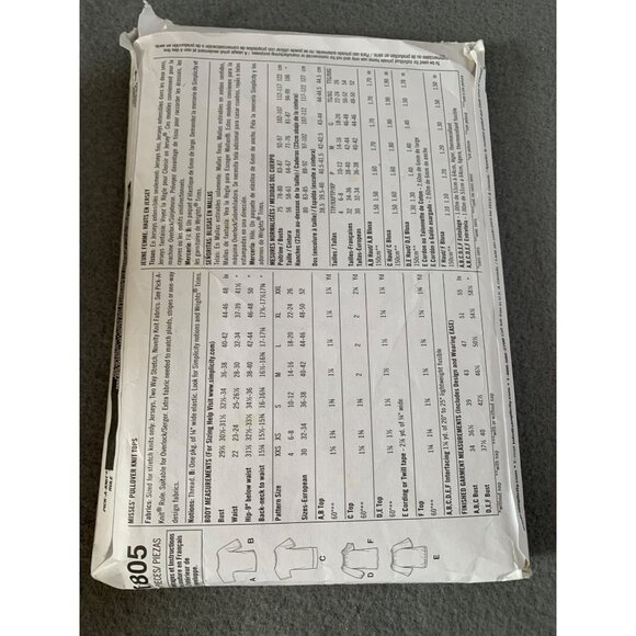 Simplicity 1805A Tops Pattern Size XXSmall Xsmall Medium Large XLarge XXlarge un - Picture 3 of 4